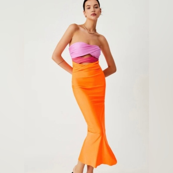 NWT Commense 3 Tone Bright colors Colorblock Cut Out Tube Top Mermaid Dress - Picture 1 of 8